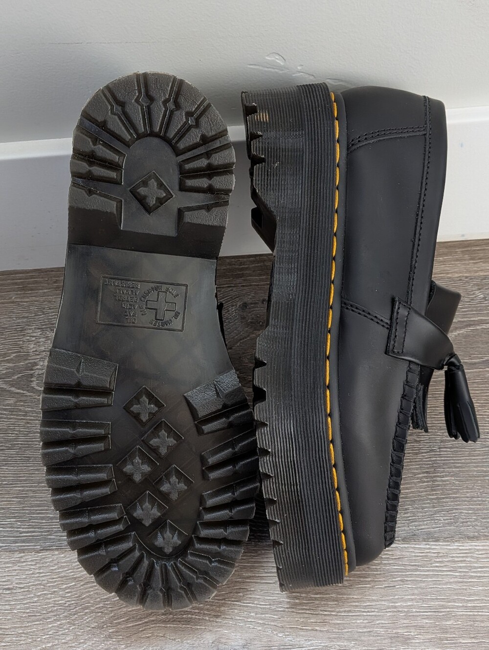 Dr. Martens Black Leather Tassel Platform Adrian Quad Loafers - Picture 5 of 7